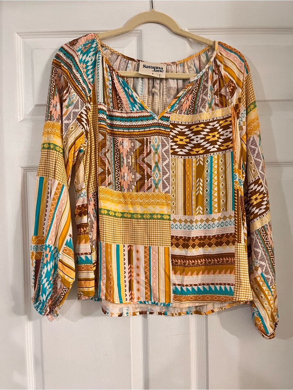 Savanna Jane patchwork bohemian western blouse top women’s small NWT
